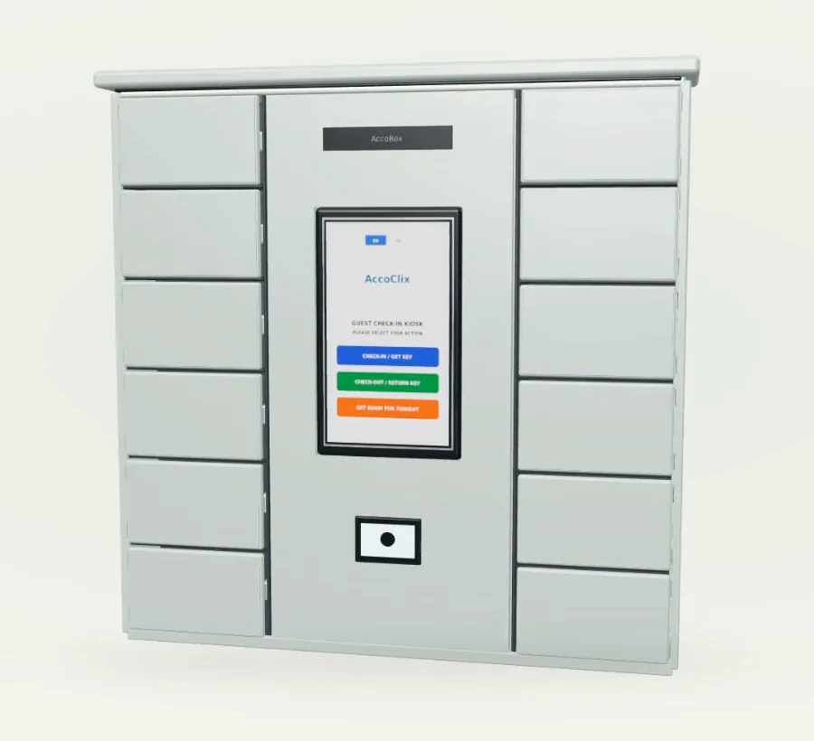 AccoBox self check-in locker with a central touchscreen, QR reader and 12 key compartments